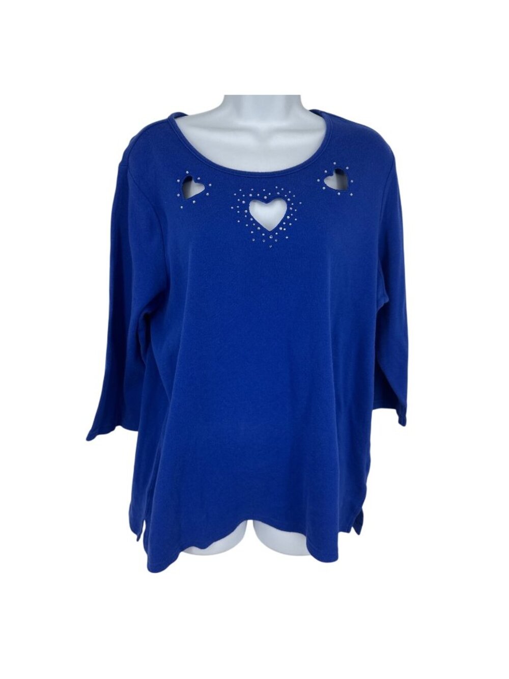 Quacker Factory Womens Blue Top W/ Heart Cutouts & Rhinestones 3/4 Sleeves Sz 1X